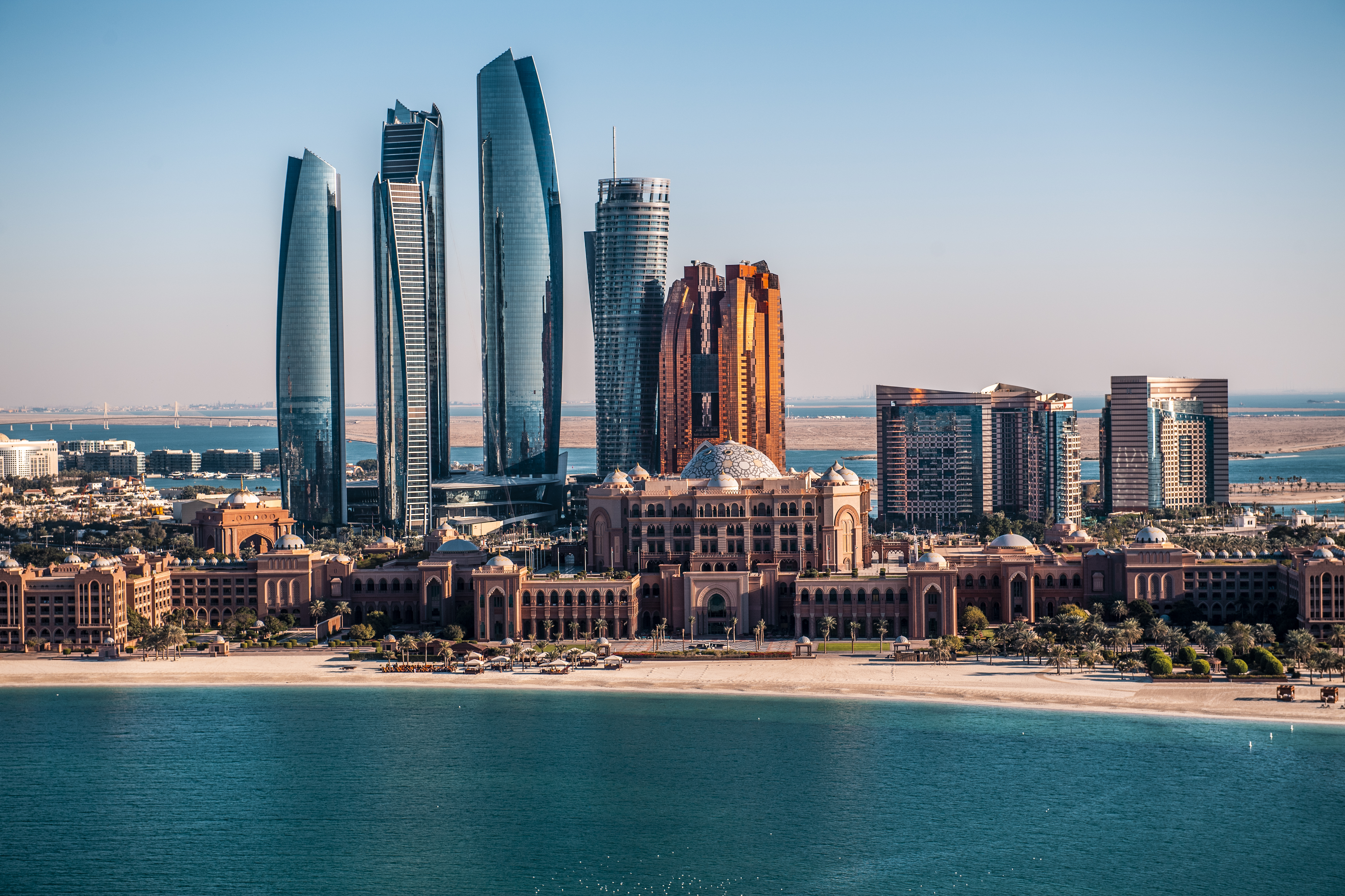 Abu Dhabi’s iconic skyline, featuring modern skyscrapers and cityscape views from above