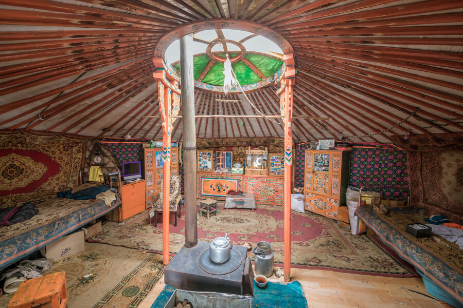 Interior of traditional Mongolian hut called Yurt or Ger