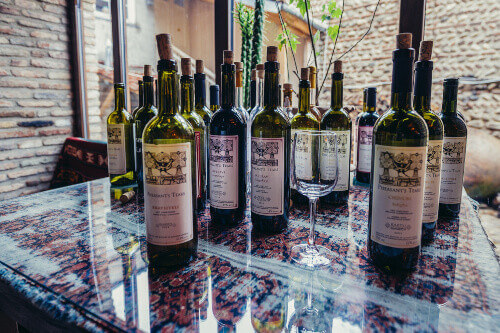 Wine bottles in Pheasants Tears wine bar in Sighnaghi.