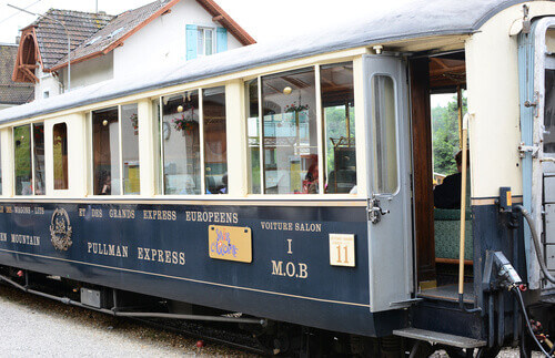 The luxury tourist train departs from Montreux to stops in Gruyere for cheese and chocolate factory tours in Switzerland.