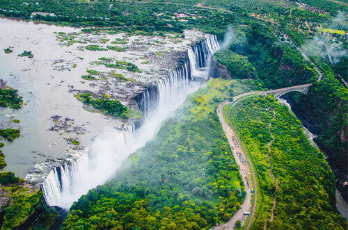 Victoria Falls, also known as Tokaleya Tonga Mosi-oa-Tunya or The Smoke that Thunders a border between Zambia and Zimbabwe.