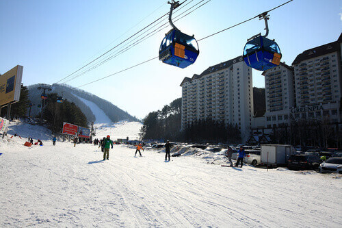 People are enjoying skiing on the ski slopes of the Yongpyong Resort in South Korea