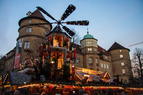 The Christmas Market with beautiful light installations in the Old Castle, Stuttgart.
