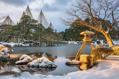 The beautiful Kenrokuen Gardens during winter in Kanazawa, Ishikawa, Japan.