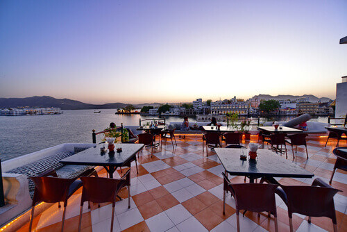 A rooftop restaurant with a view in Udaipur, India.