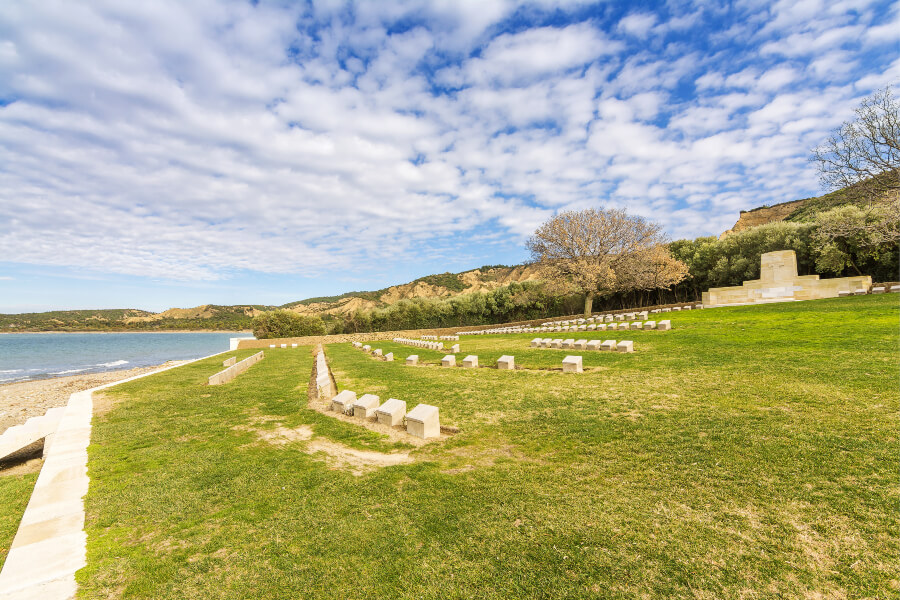 View of the memorial on the shores of Anzac Cove Beach, Gallipoli.