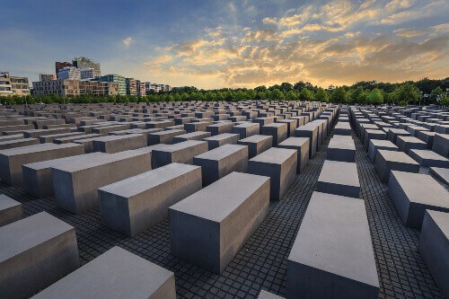 The Jewish Holocaust Memorial Museum and Berlin city skyline in Berlin.