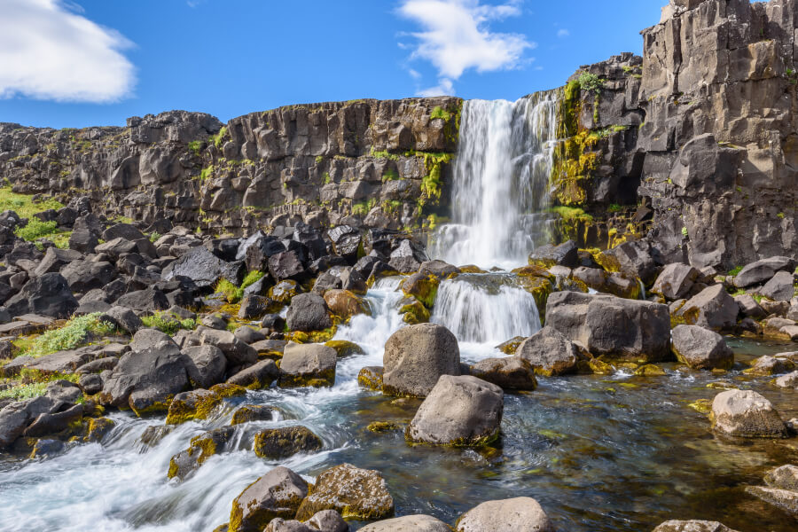 The beautiful Oxararfoss Waterfall in the Thingvellir National Park