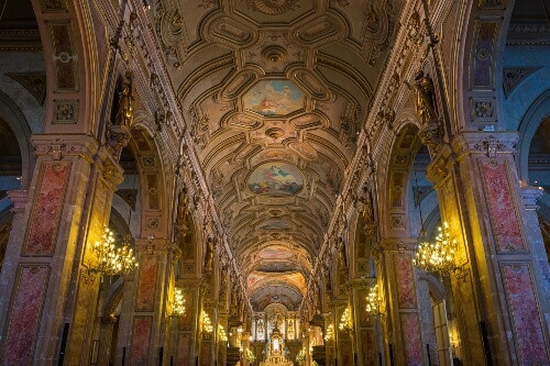 The intricate interior of the Metropolitan Cathedral in the capital of Santiago de Chile.