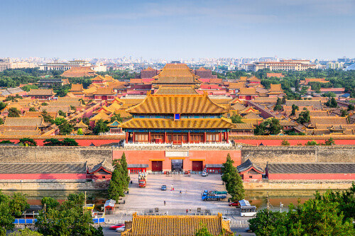 The outer wall, hutong and gate of the Forbidden City.