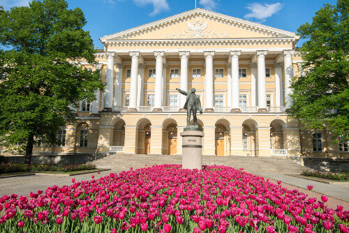 The facade of the Smolny Institute in Saint Petersburg.