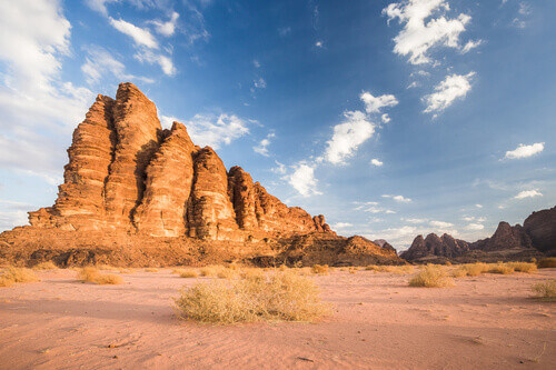 The natural rock formation known as the Seven Pillars of Wisdom in Wadi Rum, Jordan.