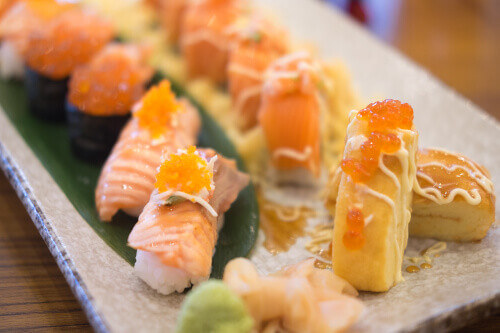 Healthy Japanese sushi on display.