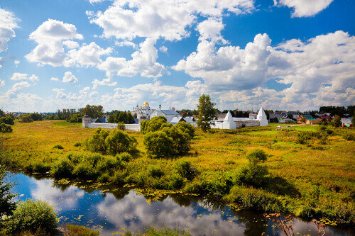View of the Pokrovsky Convent with Kamenska River in Suzdal.
