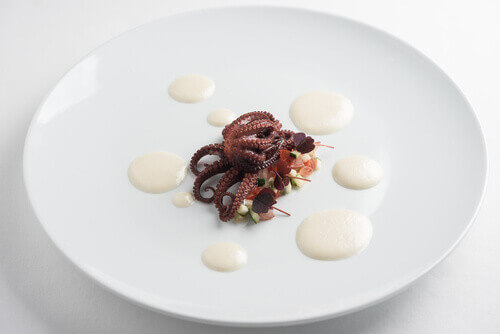 A small serving of seafood in the Butterfly Restaurant in Argentina.