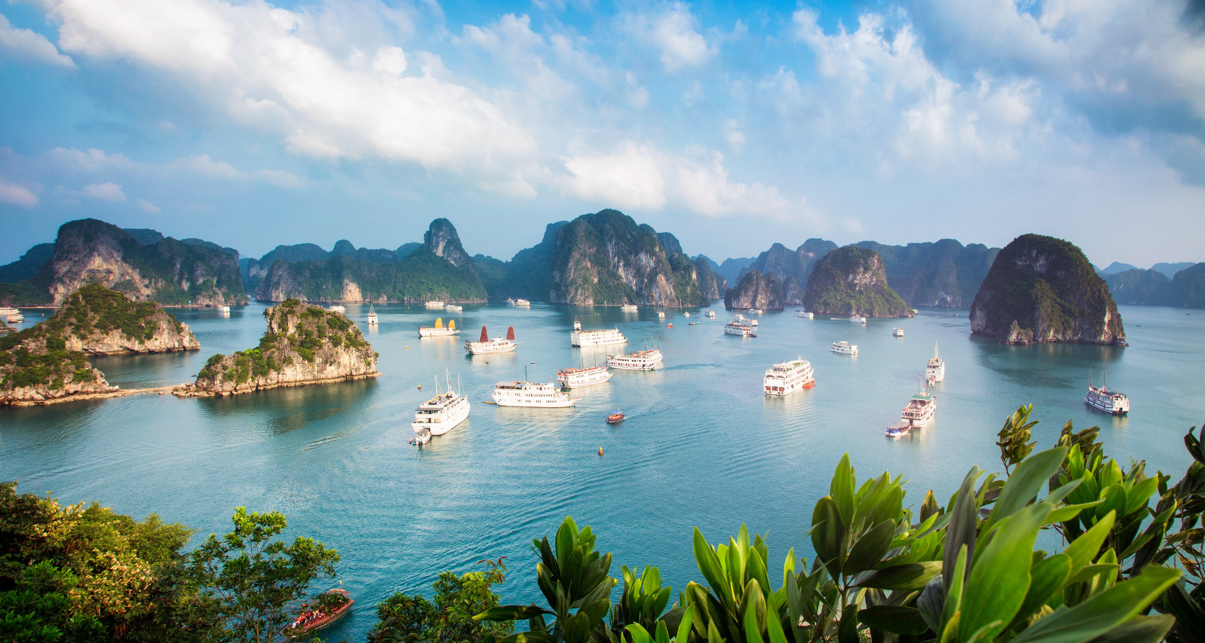 Boats cruising through scenic Halong Bay, a highlight of many Vietnam tours and cultural holiday experiences