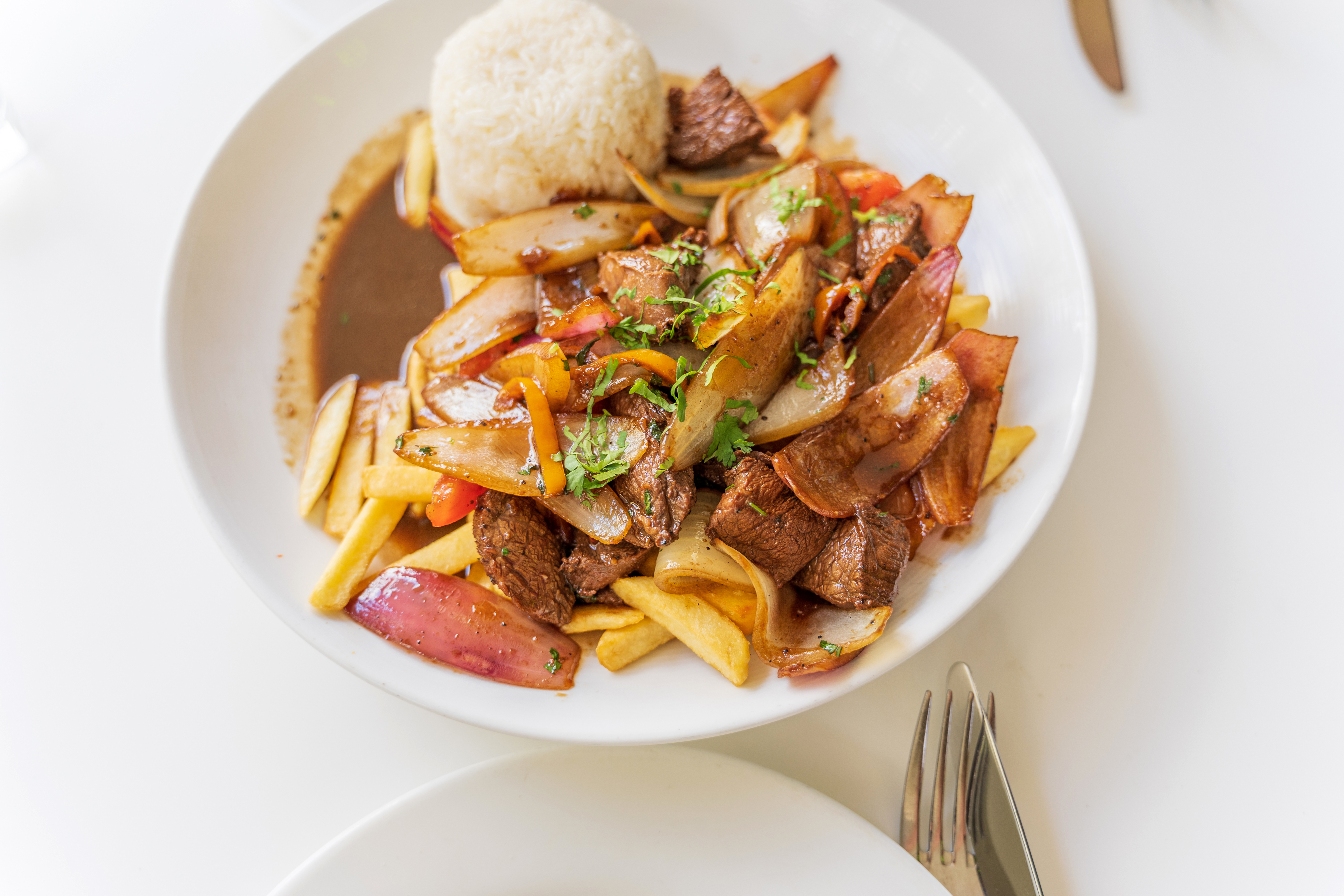 A Peruvian dish called Lomo Saltado served with rice.