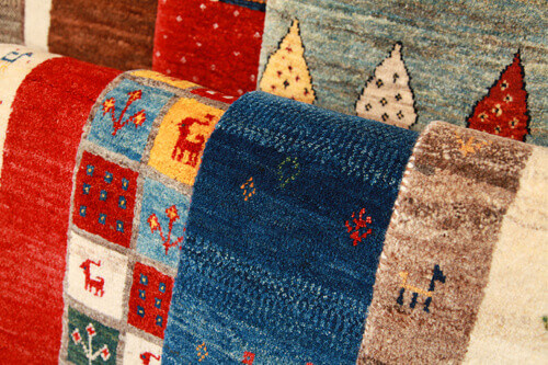 A colourful Gabbeh Rug on display.