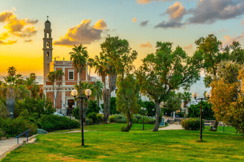 Saint Peter's Church viewed from the Hapisgah Gardens in Jaffa.