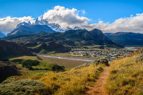 Path to El Chalten overlooking Monte Fitz Roy mountain in Los Glaciares National Park Argentina Patagonia