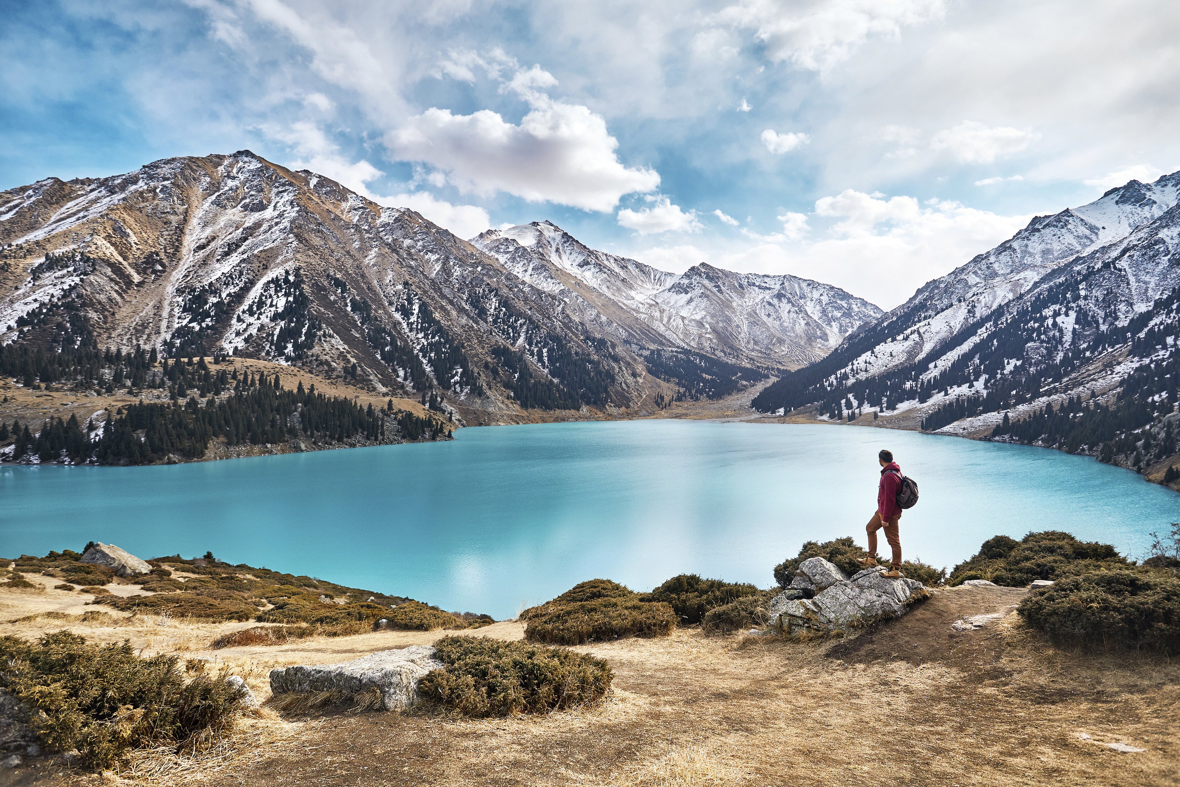 Turquoise Big Almaty Lake surrounded by snow-capped mountains, near Almaty city.&nbsp;