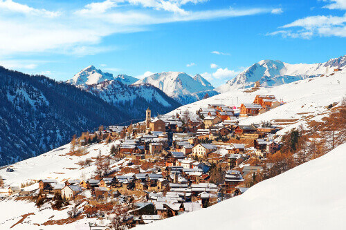 The village and beautiful mountain slopes of Saint-V&eacute;ran in a snowy winter.