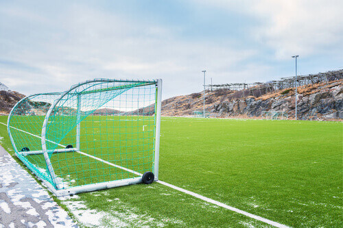 The Henningsvær Idrettslag Stadion, also known as the Henningsvaer Soccer Stadium.