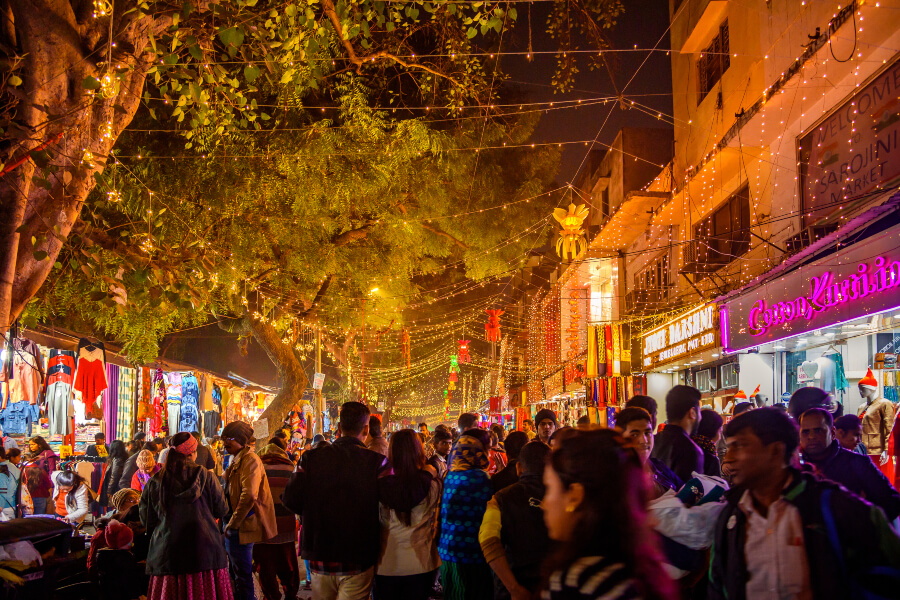 Locals and tourists on the eve of Diwali at the Sarojini Nagar Market in New Delhi