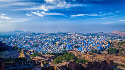 Panorama of Jodhpur, also known as the Blue City due to the vivid blue-painted Brahmin houses in Rajasthan.