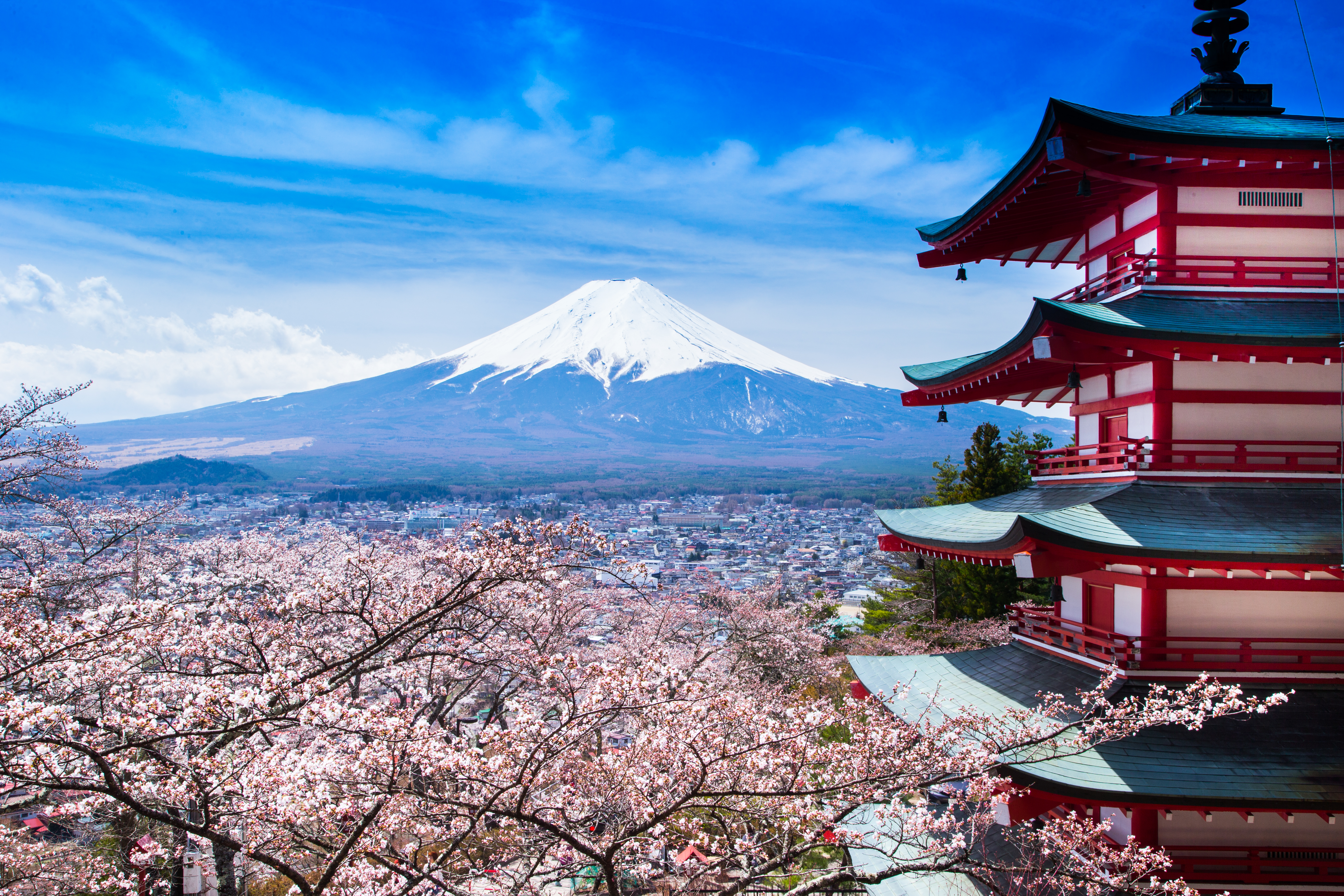 The Chureito Pagoda, a five-storied pagoda also known as the Fujiyoshida Cenotaph Monument.