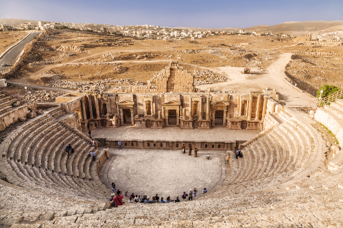 The large South Amphitheatre in the ancient town of Jerash, Jordan.