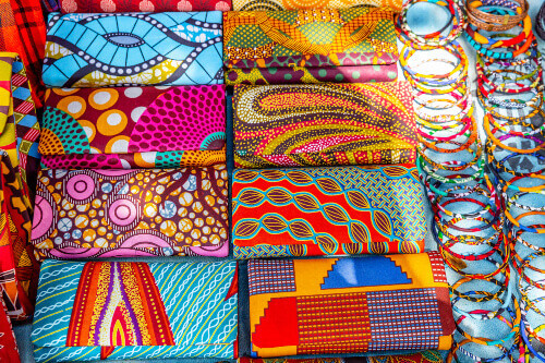 Colourful African clothes at a street market in Kenya.