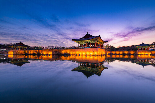 A beautiful sunset view at Donggung Palace and Wolji Pond in Gyeongju, South Korea.