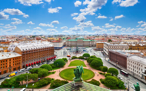 The aerial view of St. Petersburg shows the immense city and it's architecture.