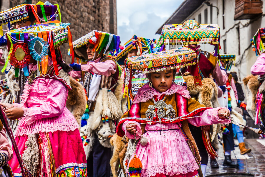 Children dressed in colourful traditional costumes during Inti Raymi