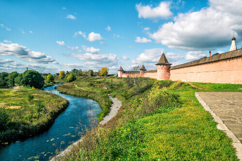 The scenic panoramic view St. Euthymius Monastery at the small river of Suzdal.