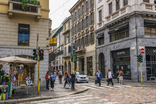 The Via Monte Napoleone shopping street at the Milano fashion district.