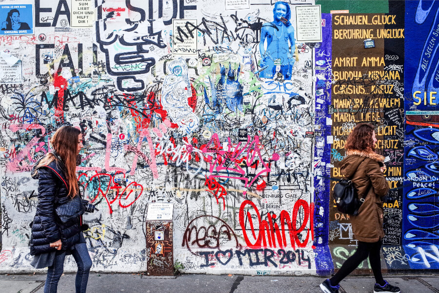 People walking along the East Side Gallery, a graffiti-covered section of the Berlin Wall that once divided East and West Berlin