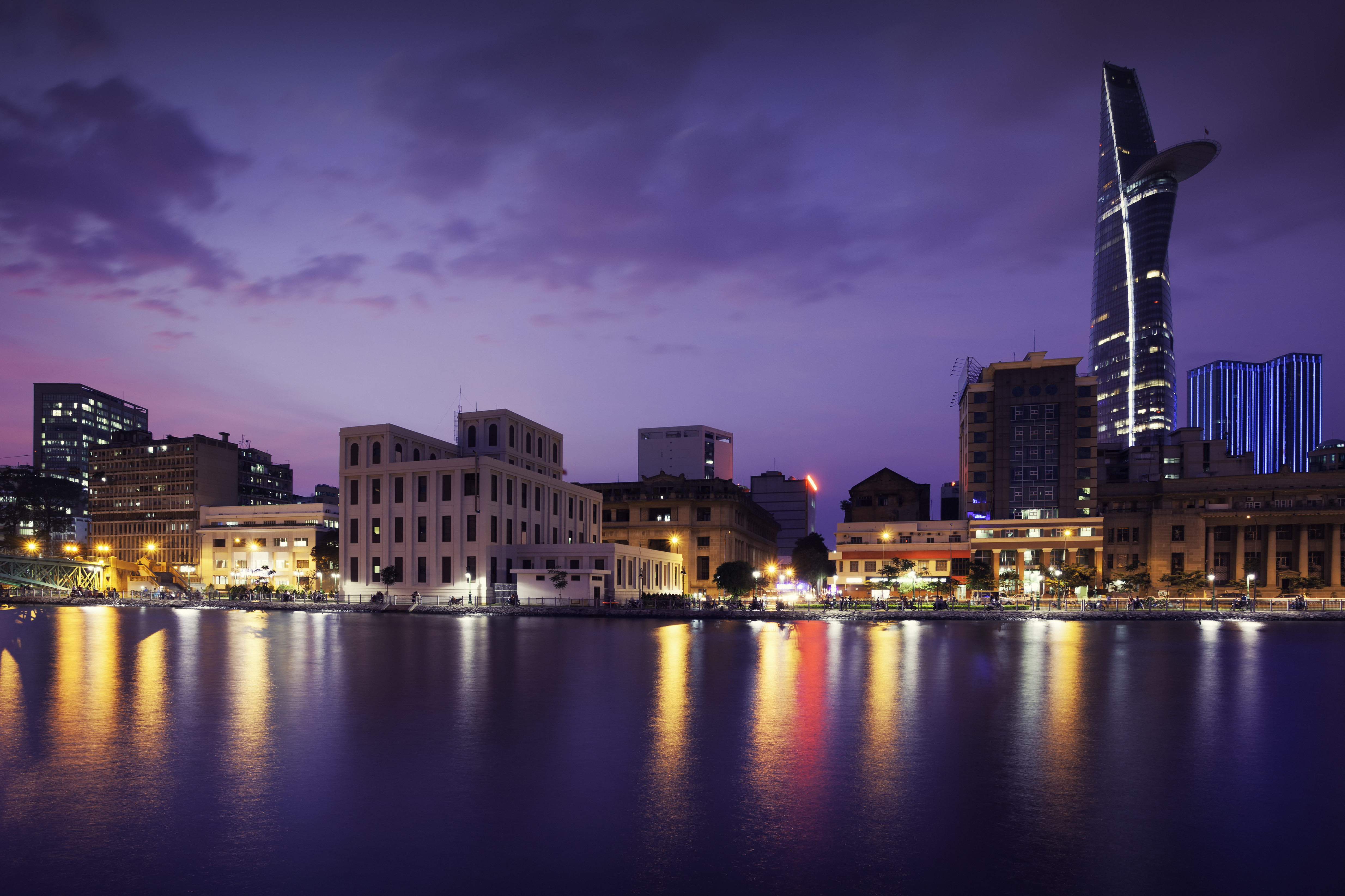 Ho Chi Minh City at nightfall, with the Bitexco Tower