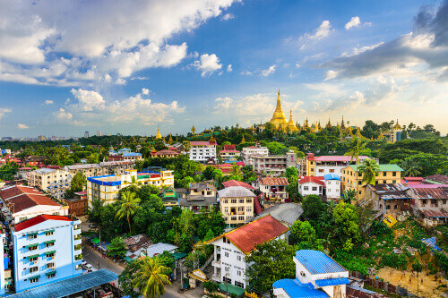 The Yangon City Skyline with the Shwedagon Pagoda in the background.