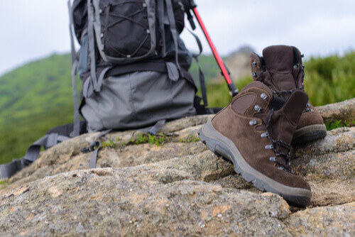 Close-up of hiking boots and pack