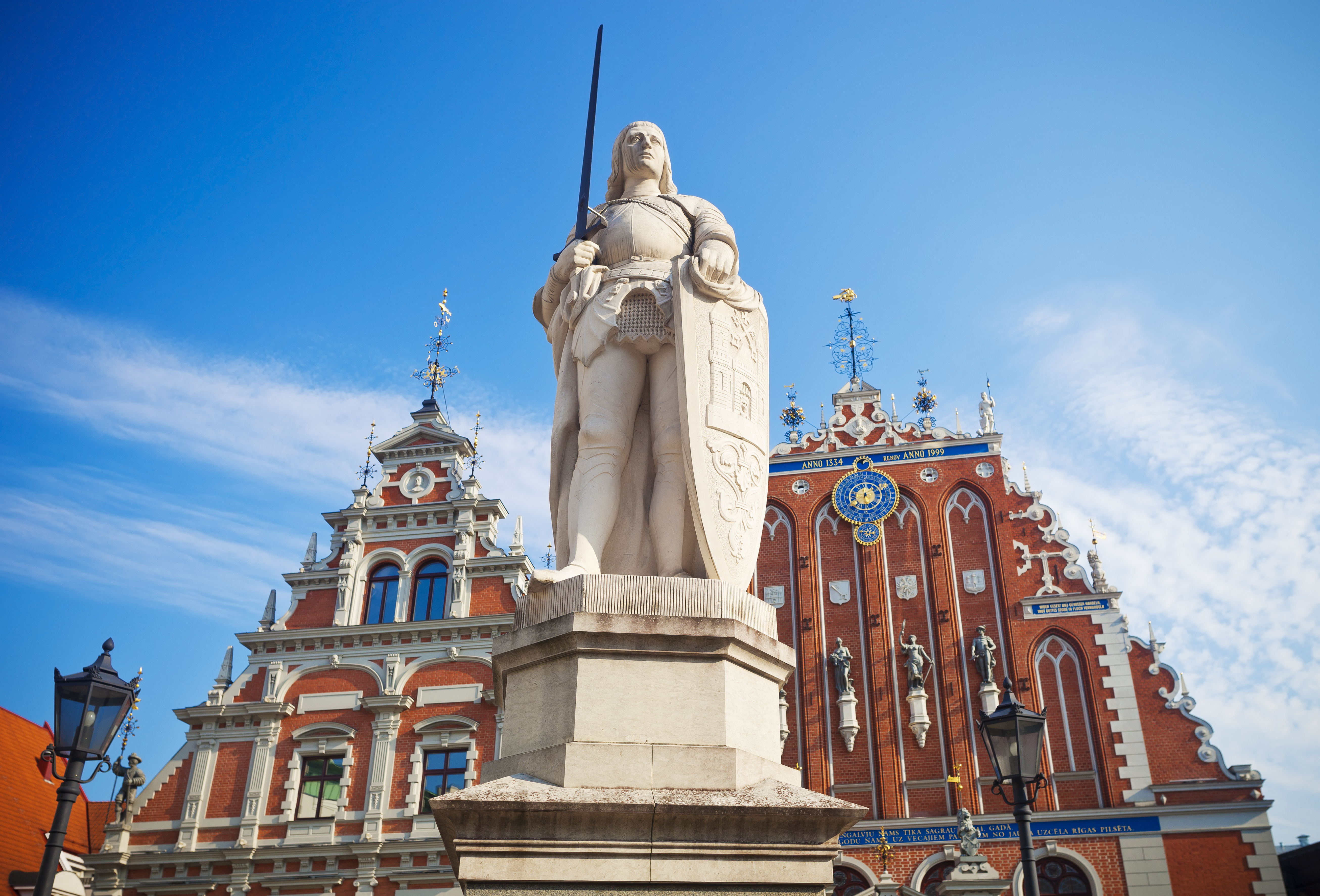 Statue of Saint Roland in Riga old town, standing before the historic House of the Black Heads.