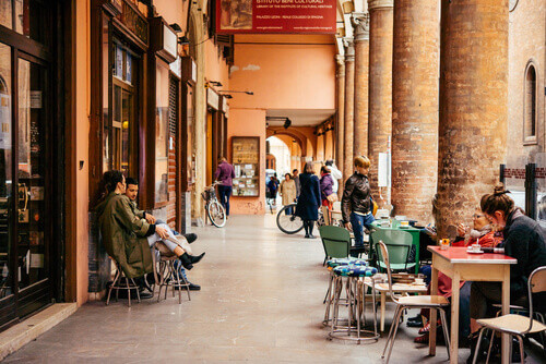 View of the street in the old city of Bologna, in the Emilia Romagna Region of Rome.