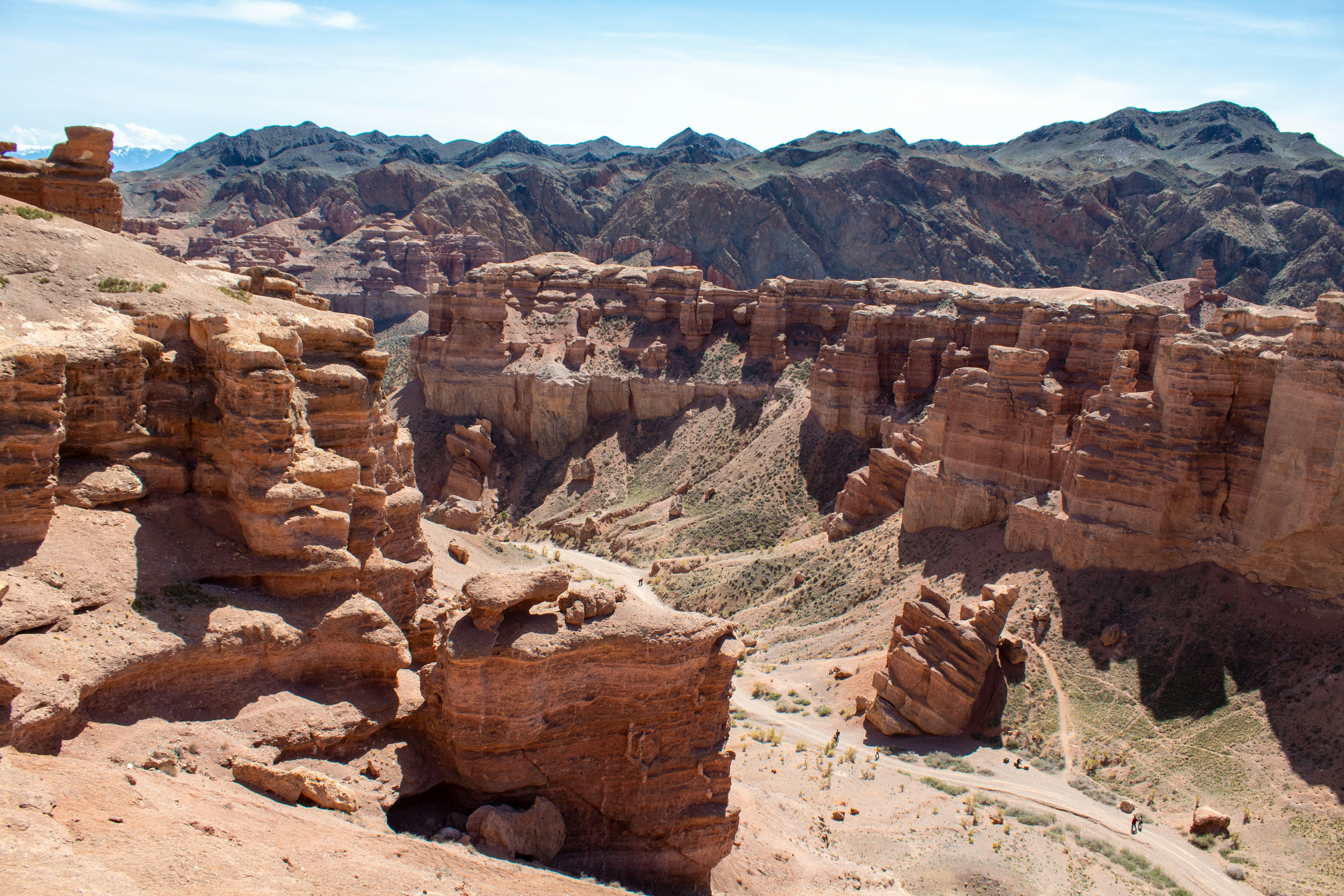 Towering rock formations in Charyn Canyon, one of Kazakhstan&rsquo;s most dramatic natural landscapes.