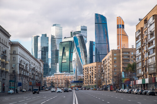 Tourists are welcomed by a mix of new and old buildings in the streets of Moscow.