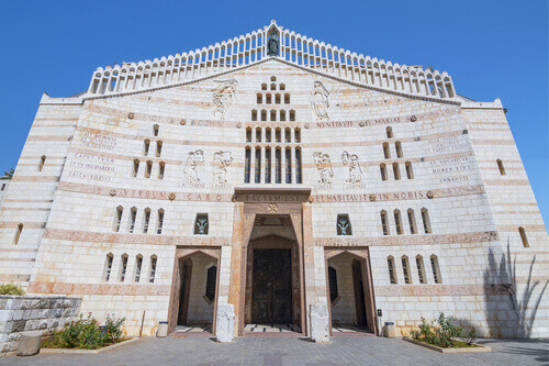 Western facade of the Basilica of Annunciation in Nazareth, Israel.