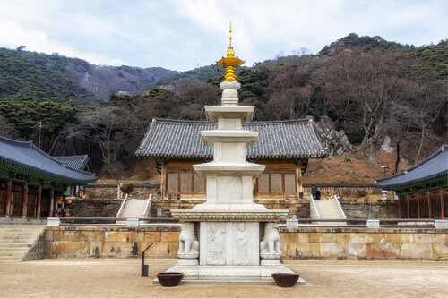 Geumggangbotap pagoda and Daeungjeon in the Sudeoksa Temple in Yesan, South Korea.