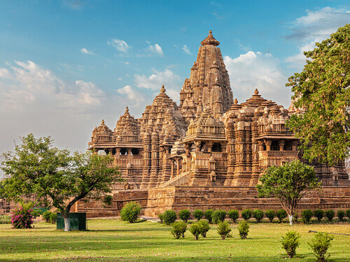 The Indian Madhya Pradesh tourist landmark of Kandariya Mahadeva Temple in Khajuraho, India.