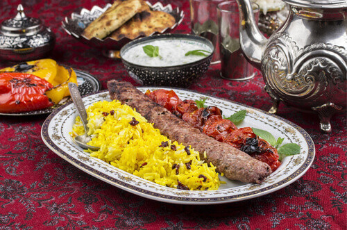 A delicious, colourful Chelo Kebab.