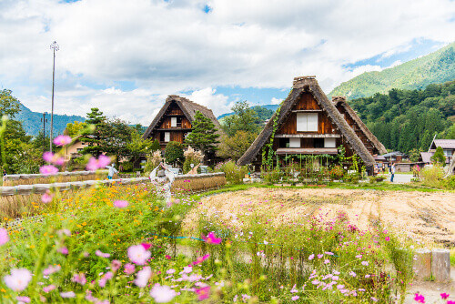 Traditional Edo period Minka style cottage house with view of dense forest in Takayama, Japan